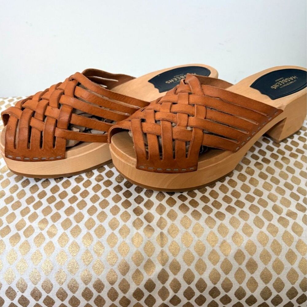 Swedish Hasbeens Monika Braided Woven Leather Wooden Clog Mules Cognac Brown 40